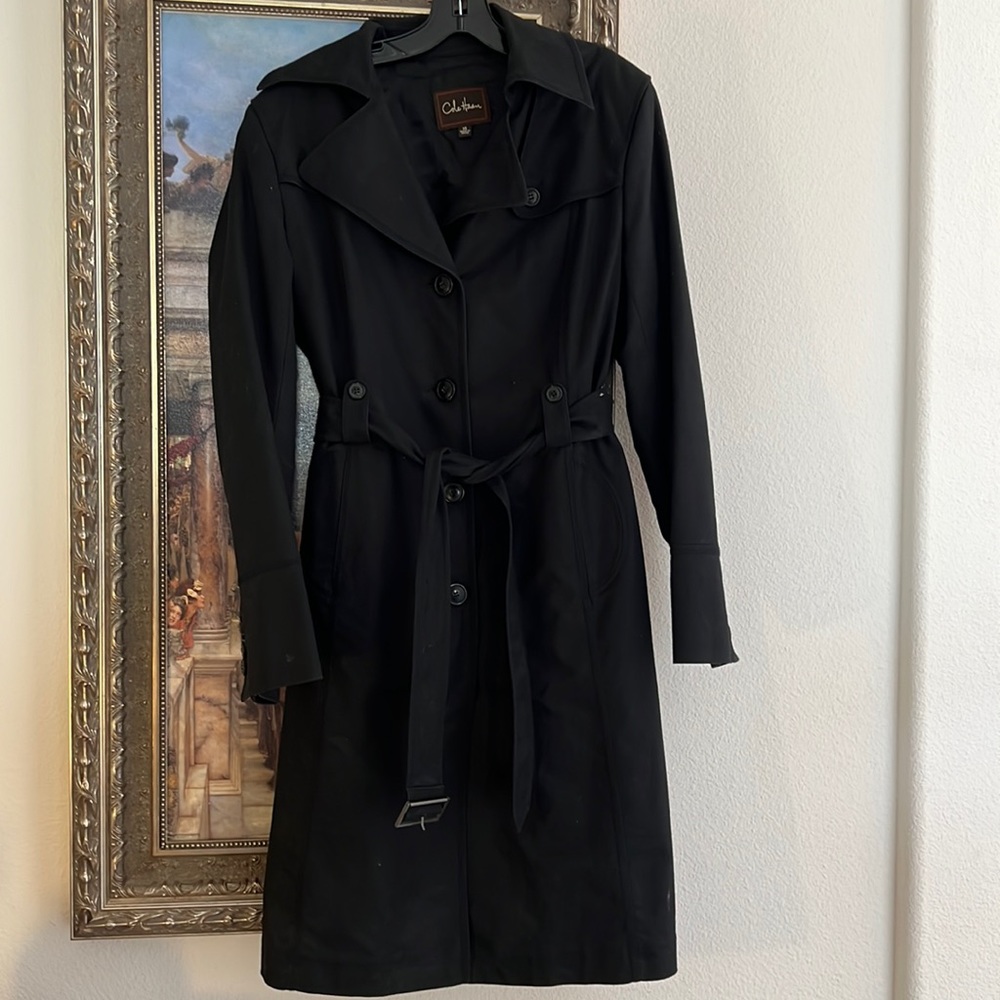 Black Cole Haan cotton and spandex trench coat, size 14. NWOT